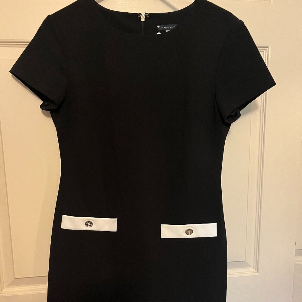 Tommy Hilfiger black short sleeve dress with white pocket accents.